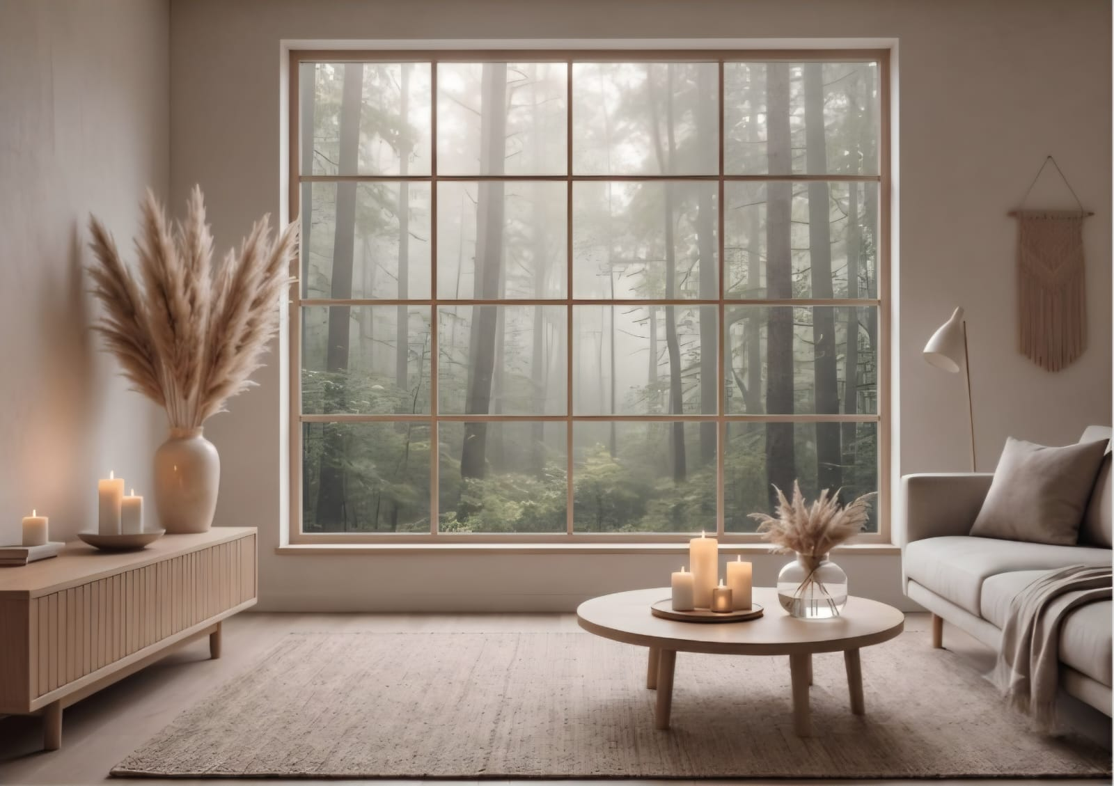 Stimmungsbild: ein heller Wohnraum mit Blick auf einen nebligen Wald.